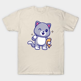 Cute Cat Holding Fish With Thumb Up Cartoon T-Shirt